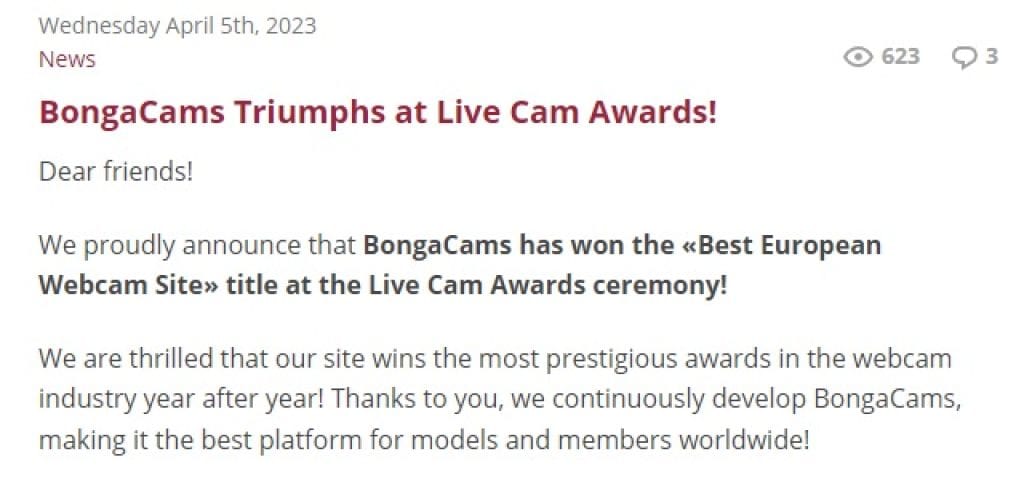 Screenshot of a press release announcing bongacams won best european webcam site