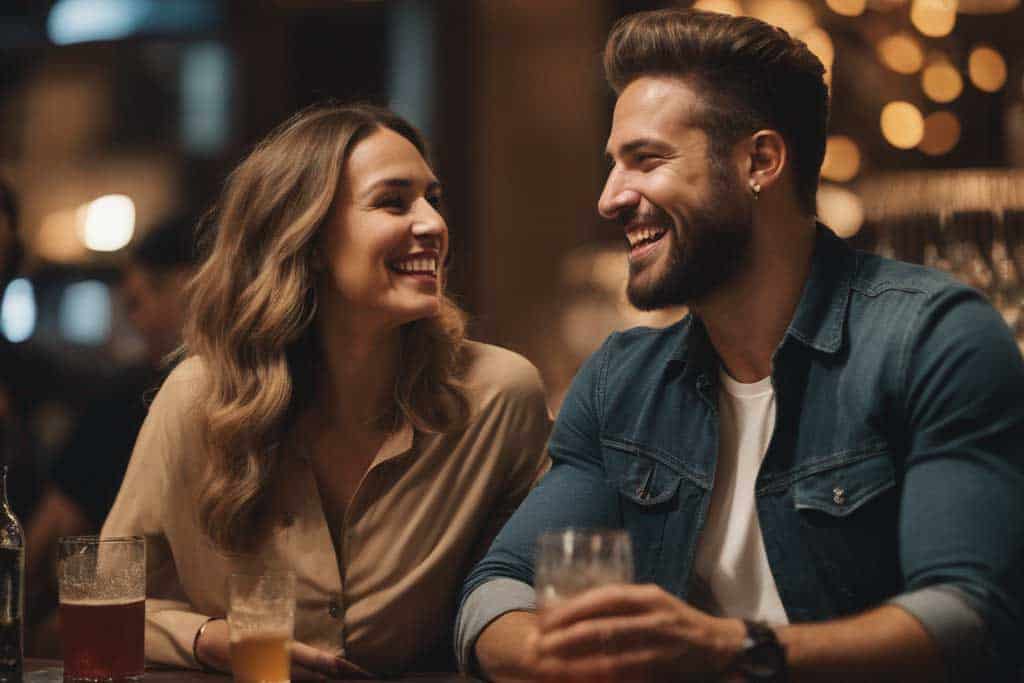 A man using sexual conversation starters with an attractive woman at a bar.