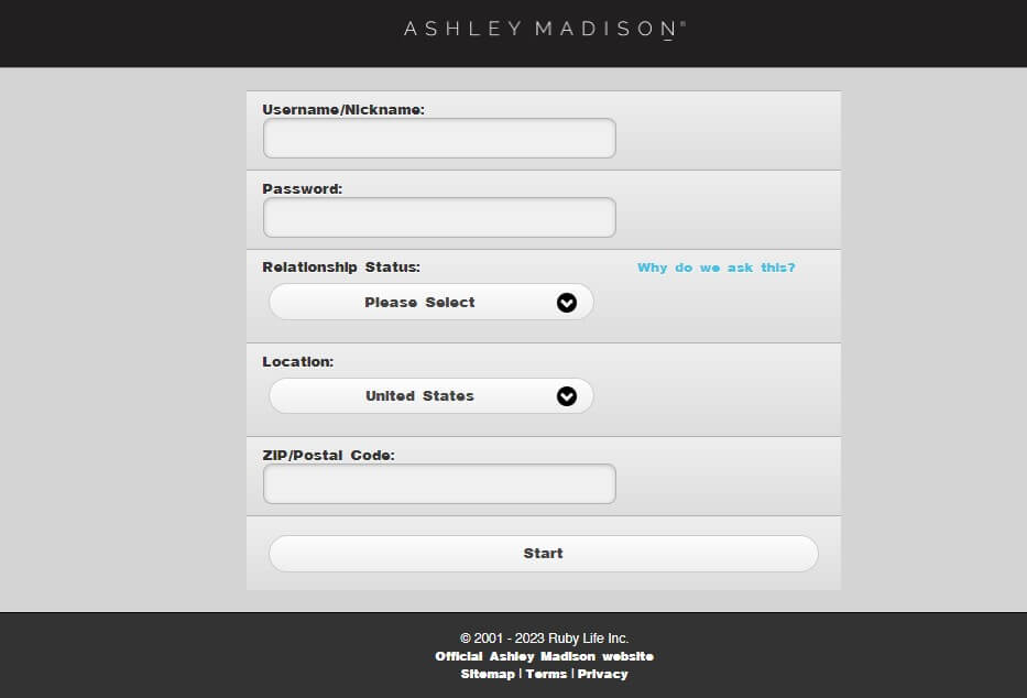 Screenshot of sign up process on Ashley Madison